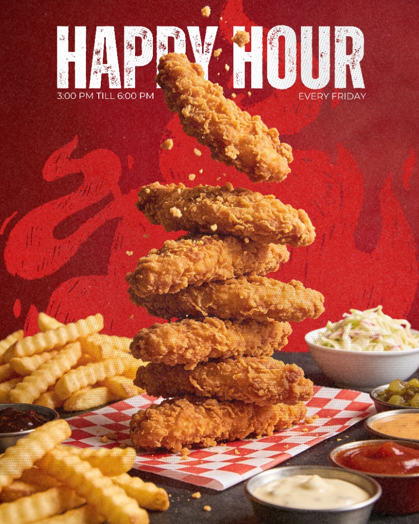 Beach Fried Happy Hour campaign poster: Distressed stack