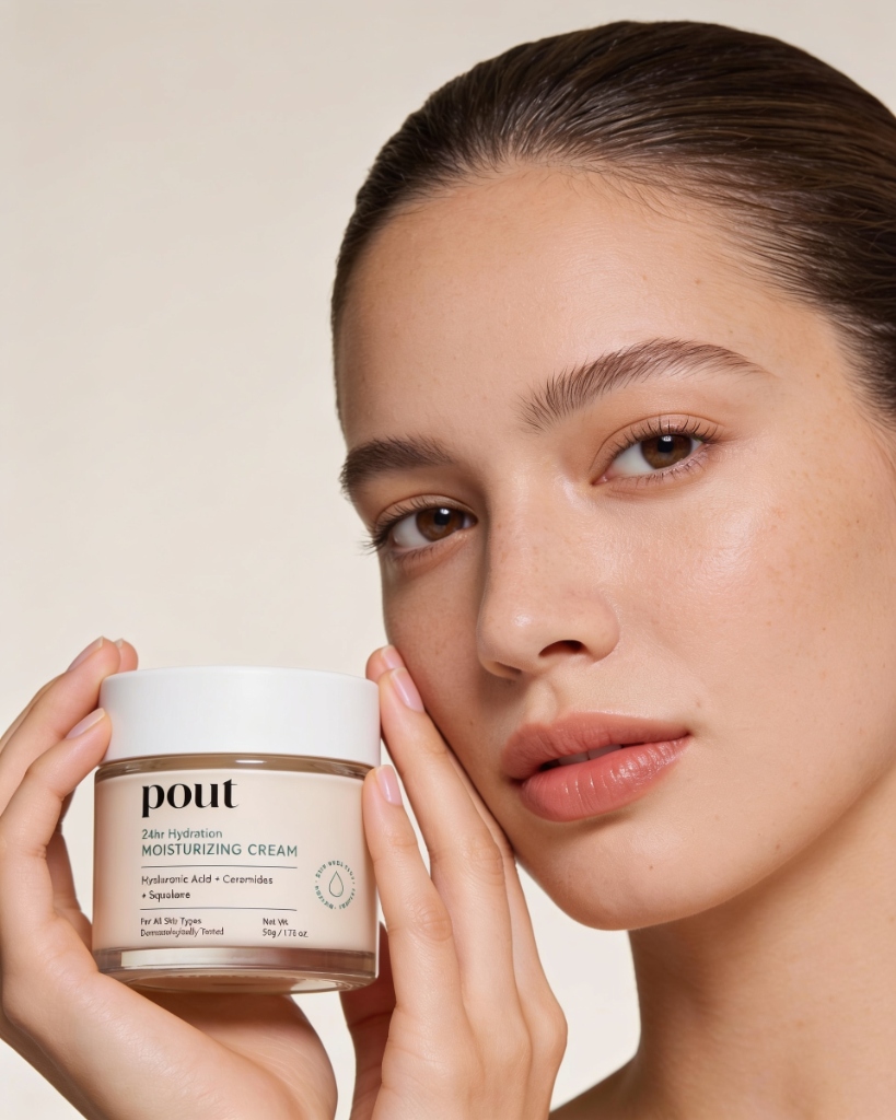Pout campaign model visual close-up: moisturizing cream