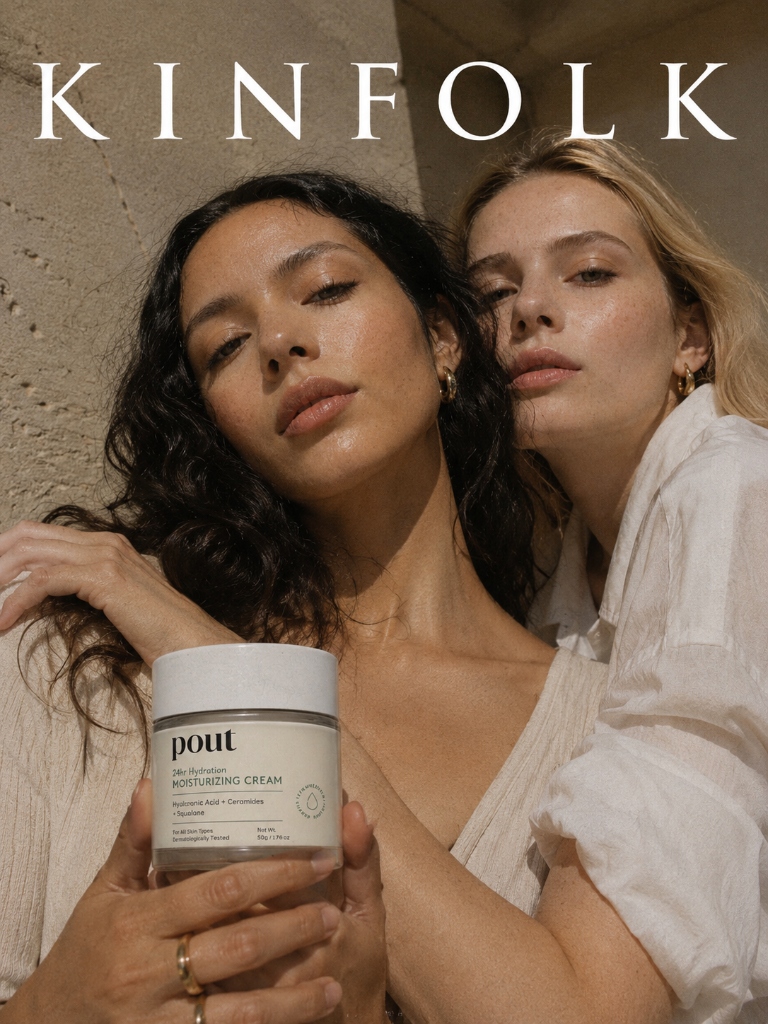 Pout skincare Kinfolk campaign visual: Two models holding moisturizer jar